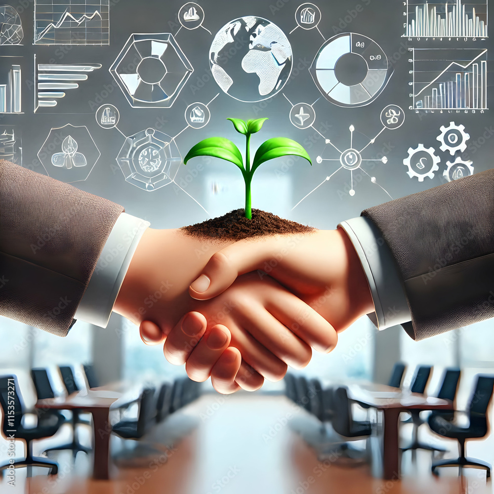 Poster 3d soft focus handshake with sprouting seedling concept as close up of two hands shaking in soft foc