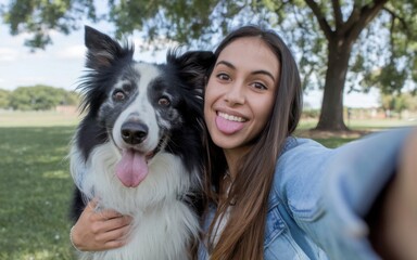 A selfie portrait of a young Colombian Latina woman with her Border Collie dog in the park, both looking at the camera with the sky and trees in the background
