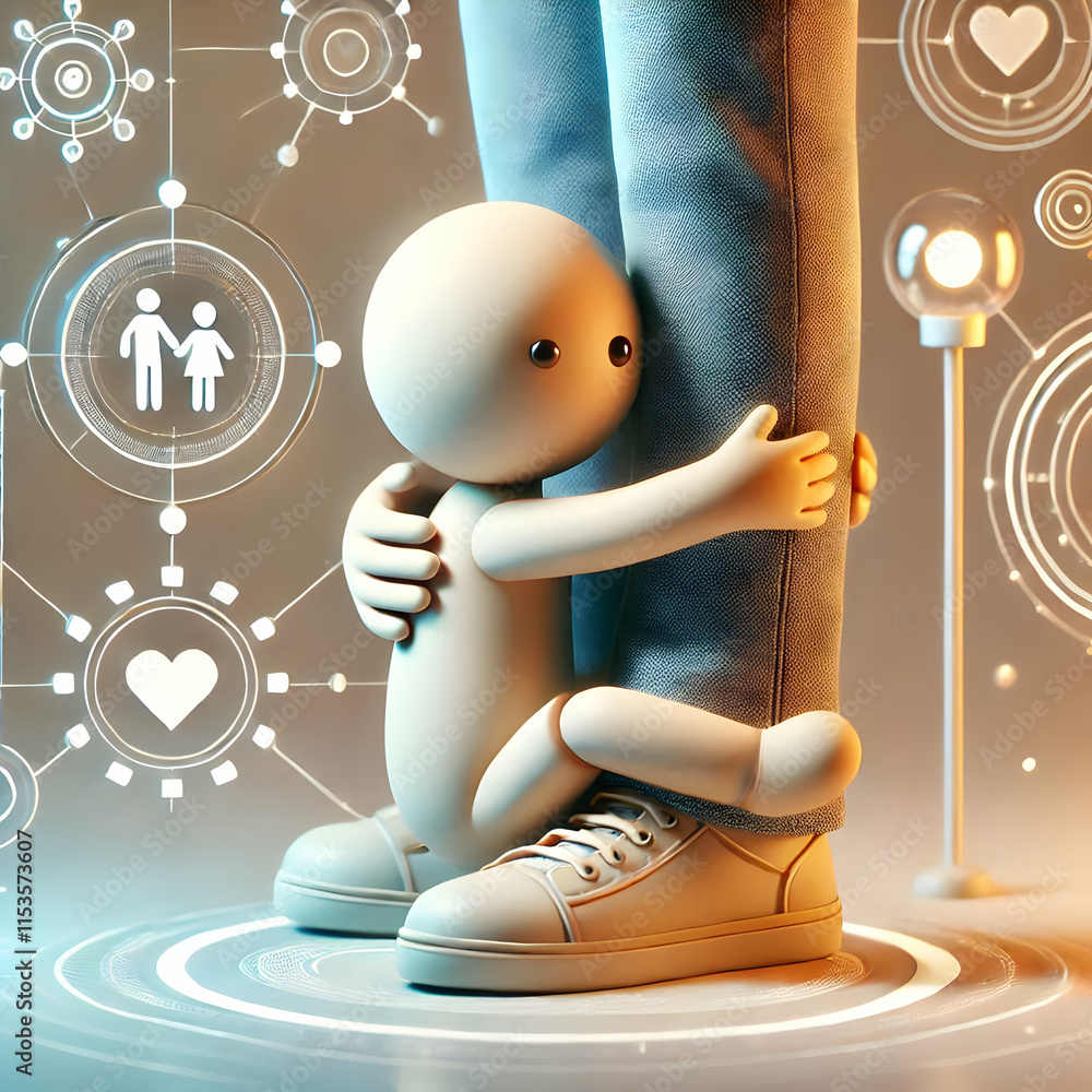 Poster 3d macro shot of a child hugging their parent leg with futuristic elements in the background concept