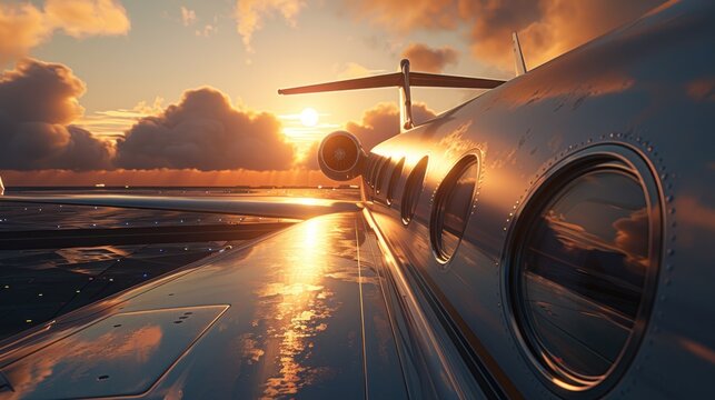 Private jet at sunset, reflecting golden light.