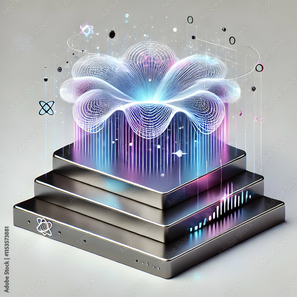 Poster 3d quantum computing podium featuring glowing qubits trends icon on white background