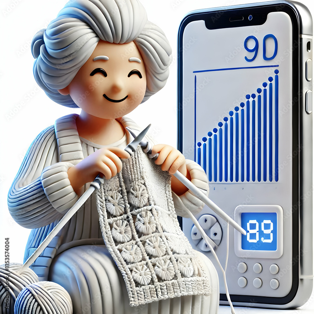 Poster 3d elderly woman knitting with digital pattern display in a macro close up and copy space concept as