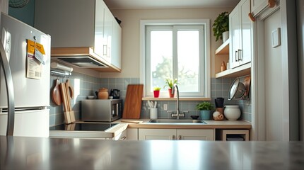 Fototapeta premium Bright and colorful close-up of a chic and useful tiny kitchen that highlights the attention to detail and dynamic energy