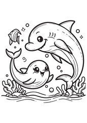 Coloring book cute dolphin dance 