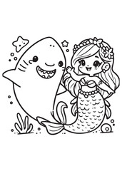 Coloring book cute shark with mermaid 