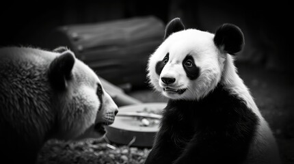 An exquisite composition, timeless quality, and striking contrast characterize this classic black and white image of a panda that is nervous about encountering other animals.