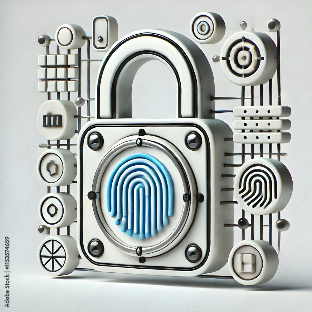 Poster 3d macro image of digital lock with fingerprint scanner on white background, symbolizing security an