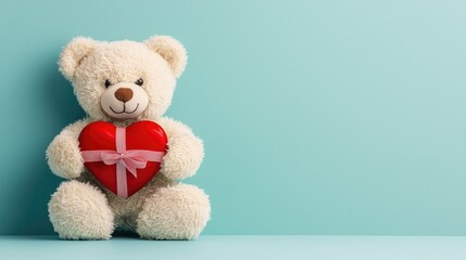 Fototapeta premium A cute teddy bear holding a red heart-shaped gift on a light blue background, perfect for expressing love and affection.