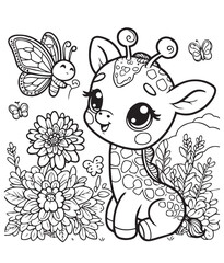 coloring book cute giraffe with butterfly