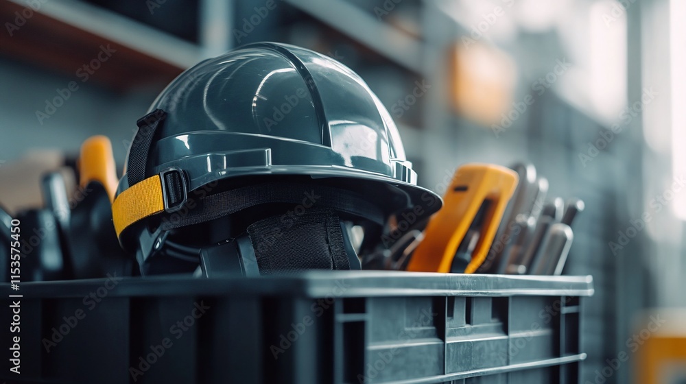 Poster a black hard hat rests in a crate filled with various tools in a workshop.