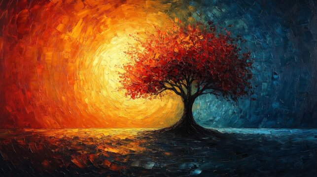 Vivid Oil Painting of a Tree in Warm and Cool Colors. Generative AI