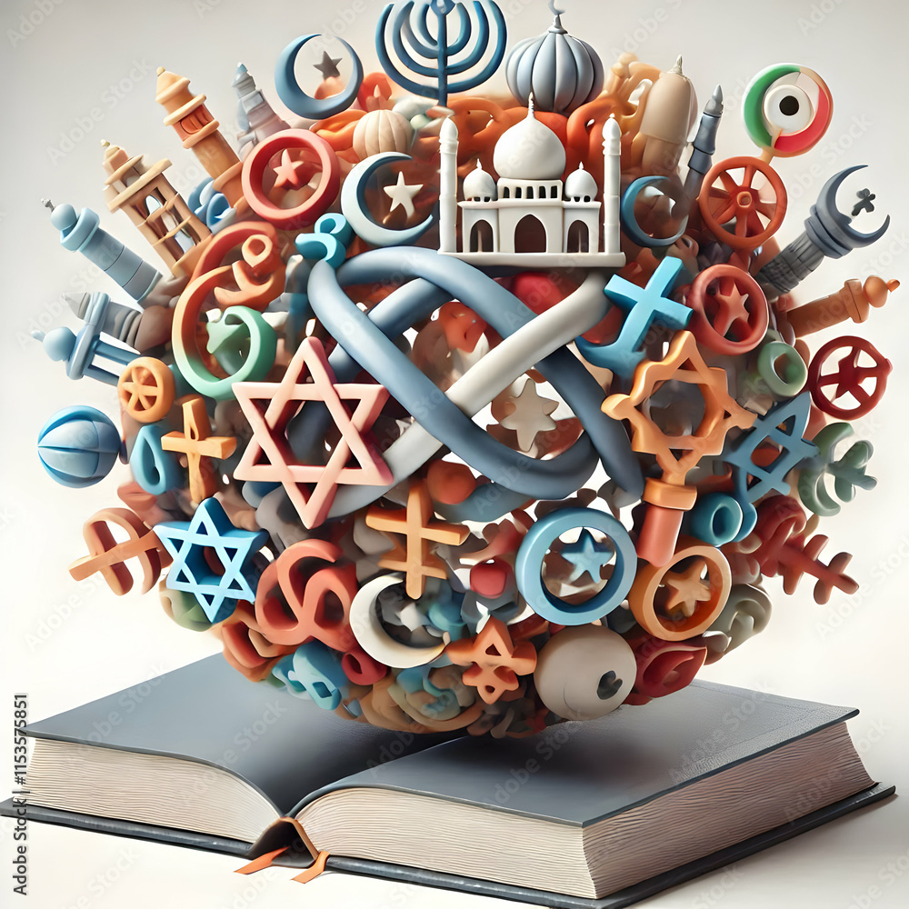 Aufkleber 3d macro religious symbols diversity concept as macro close up of intertwined religious symbols show