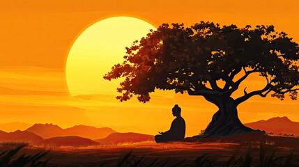 a Buddha silhouette sitting under a tree with leaves against a sunset sky background