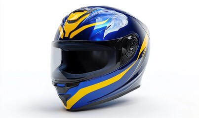 A blue and yellow motorcycle helmet designed for safety and style.