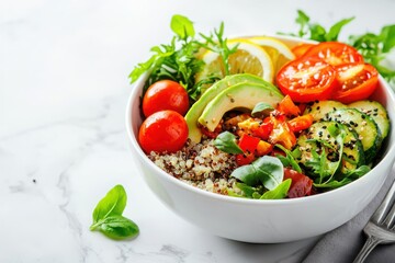 Healthy vegetarian quinoa bowl with roasted vegetables and avocado white marble background elegant decor