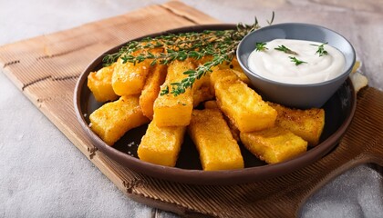 polenta fries with thyme rosemary and yogurt sauce