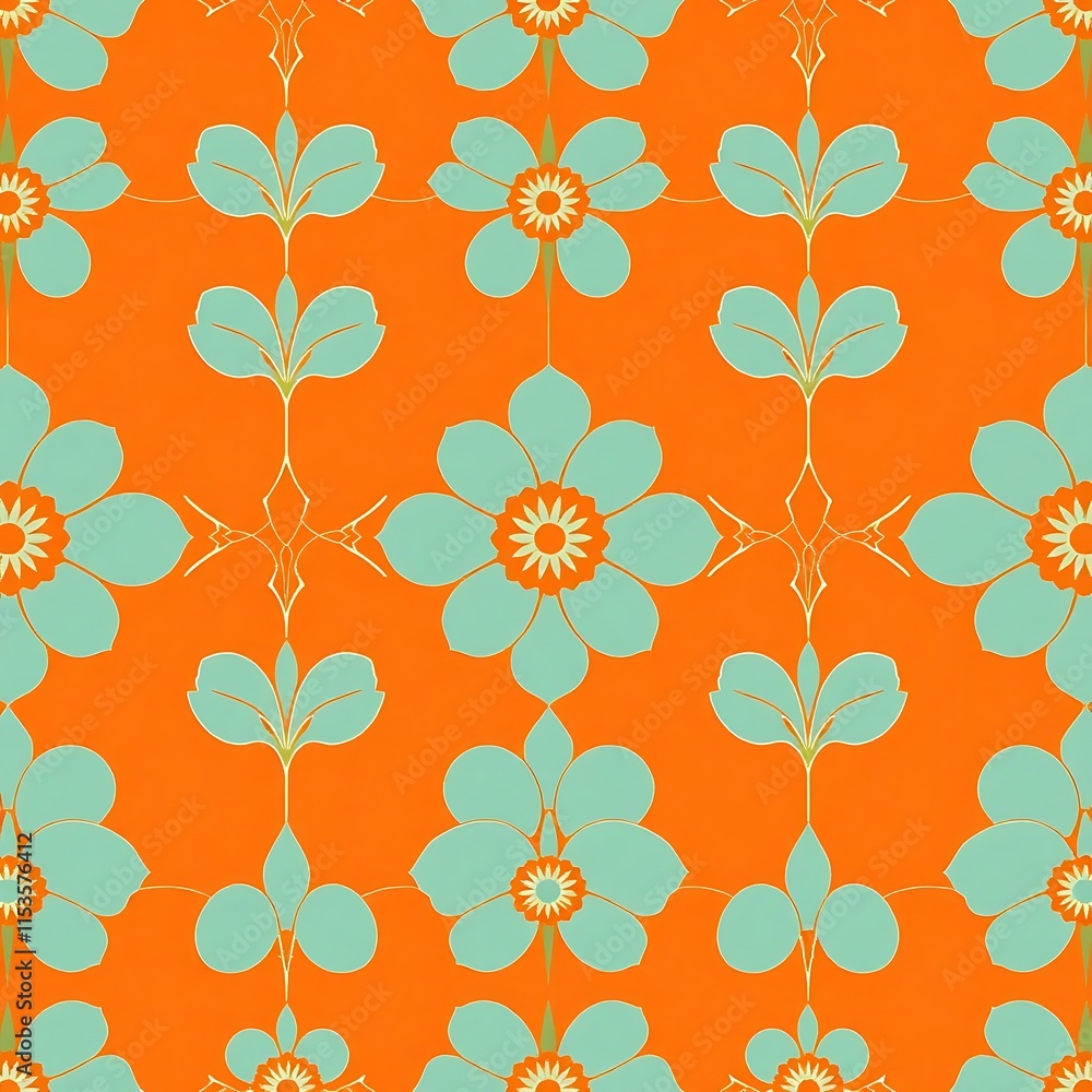 Poster orange floral pattern: a retro-inspired seamless pattern featuring a stylized teal flower design on 