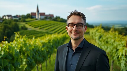 Smiling Winemaker Poses Amidst Lush Vineyard. AI Generated