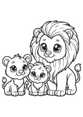 coloring book cute lion with baby pose 