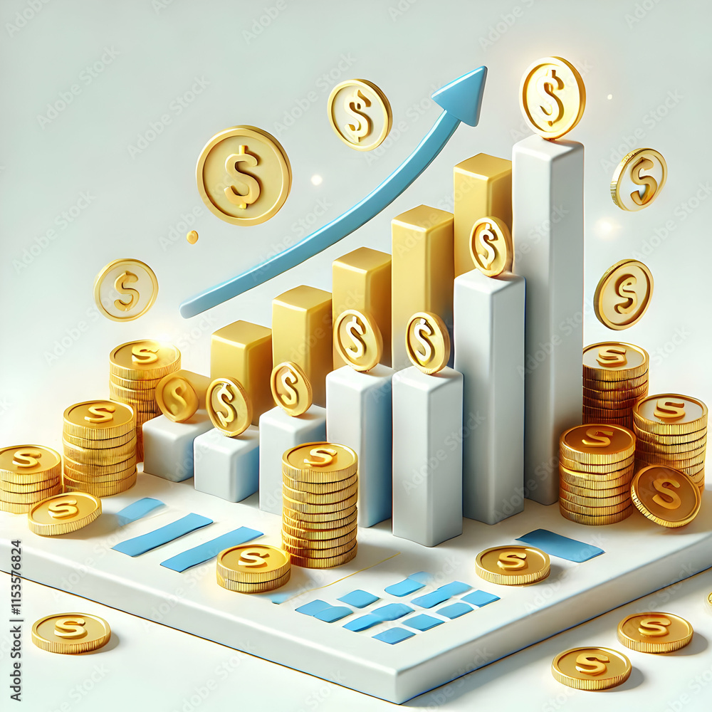 Poster 3d floating bar graph with coins isolated on white background for financial analysis and business gr