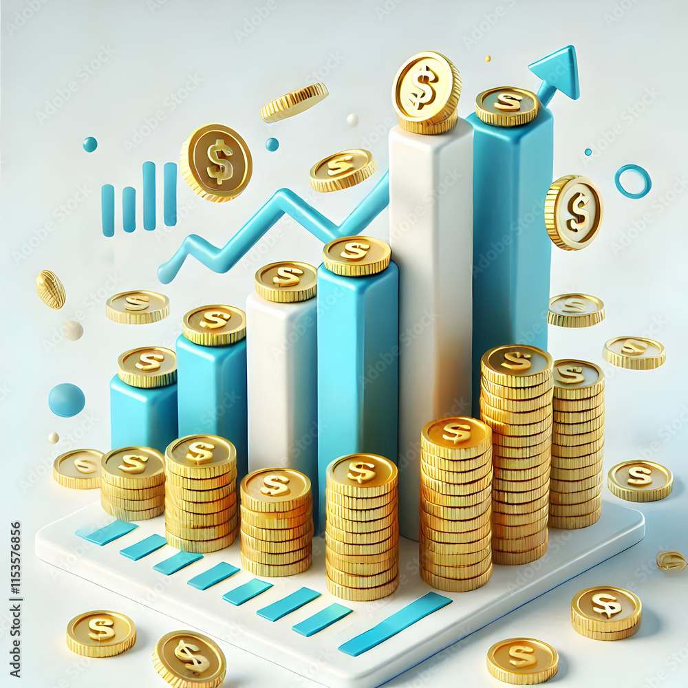 Aufkleber 3d floating bar graph with coins concept as an isolated vector of a bar graph floating with coins ar