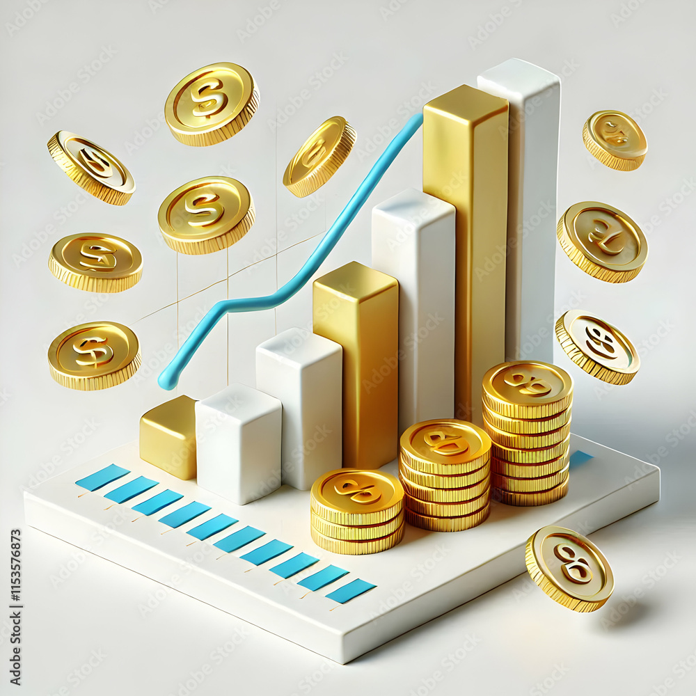 Poster 3d floating bar graph with coins symbolizing financial analysis on isolated white background