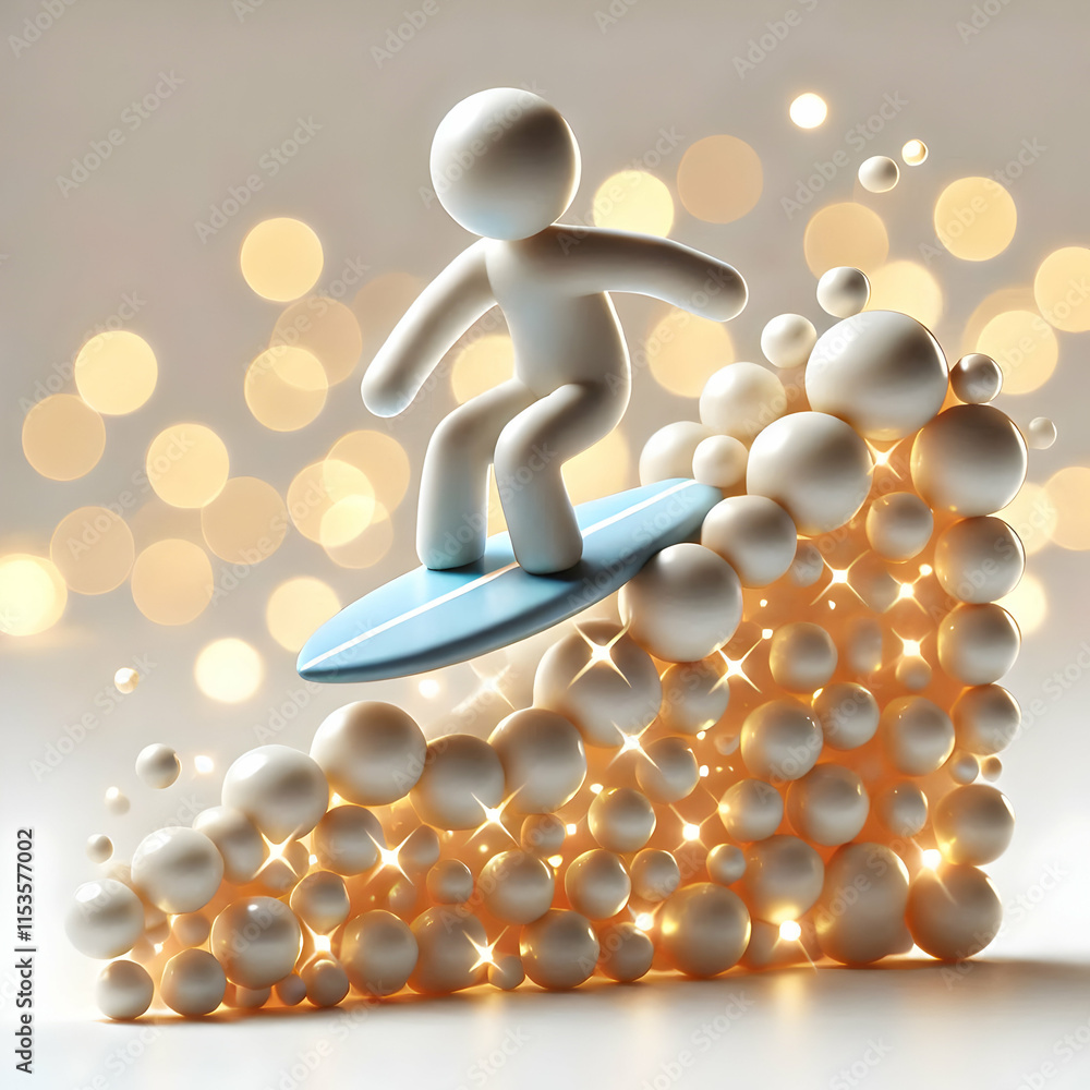 Poster 3d art: person surfing bokeh waves, symbolizing smooth workflow and efficiency