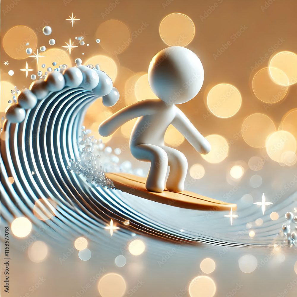 Poster 3d digital art person surfing bokeh waves smooth workflow concept dynamic happy remote work icon