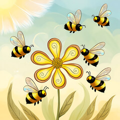 A group of bees flying around a flower