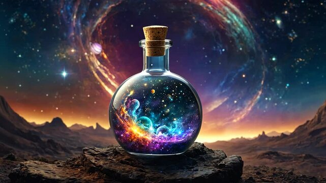 Video footage of magical potion bottle filled with swirling, colorful cosmic energy sits on a rocky surface, with a vibrant, starry galaxy in the background