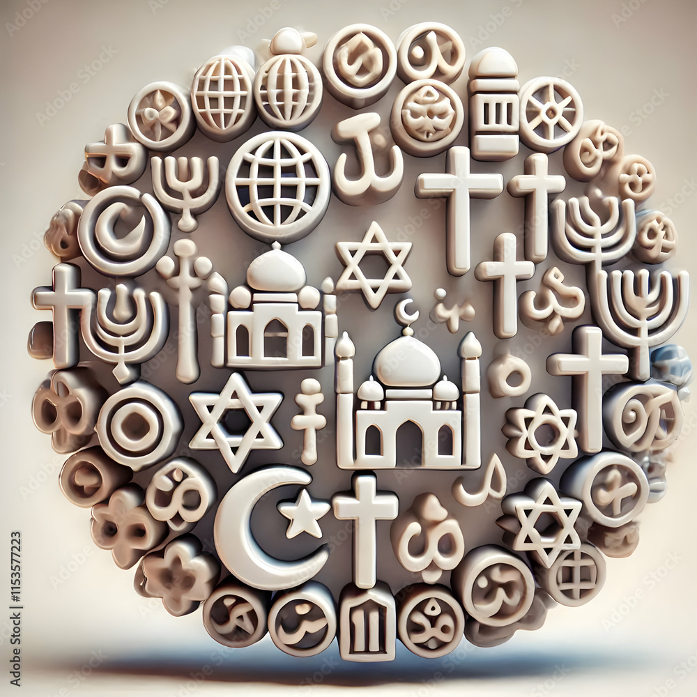 Aufkleber 3d glossy religious symbols overlay concept as glossy overlay of various religious symbols on a plai