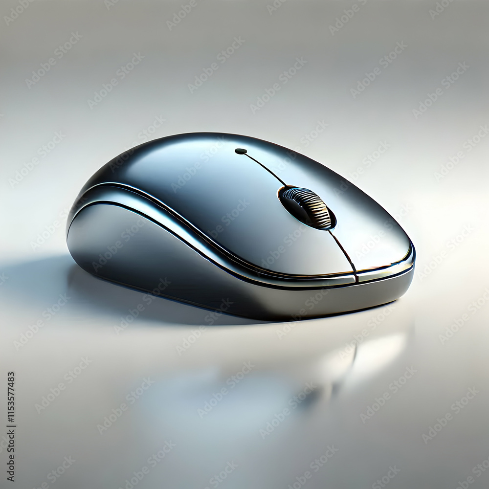 Poster 3d glossy background of a wireless mouse on a plain desk ample copy space. concept as a stationary c