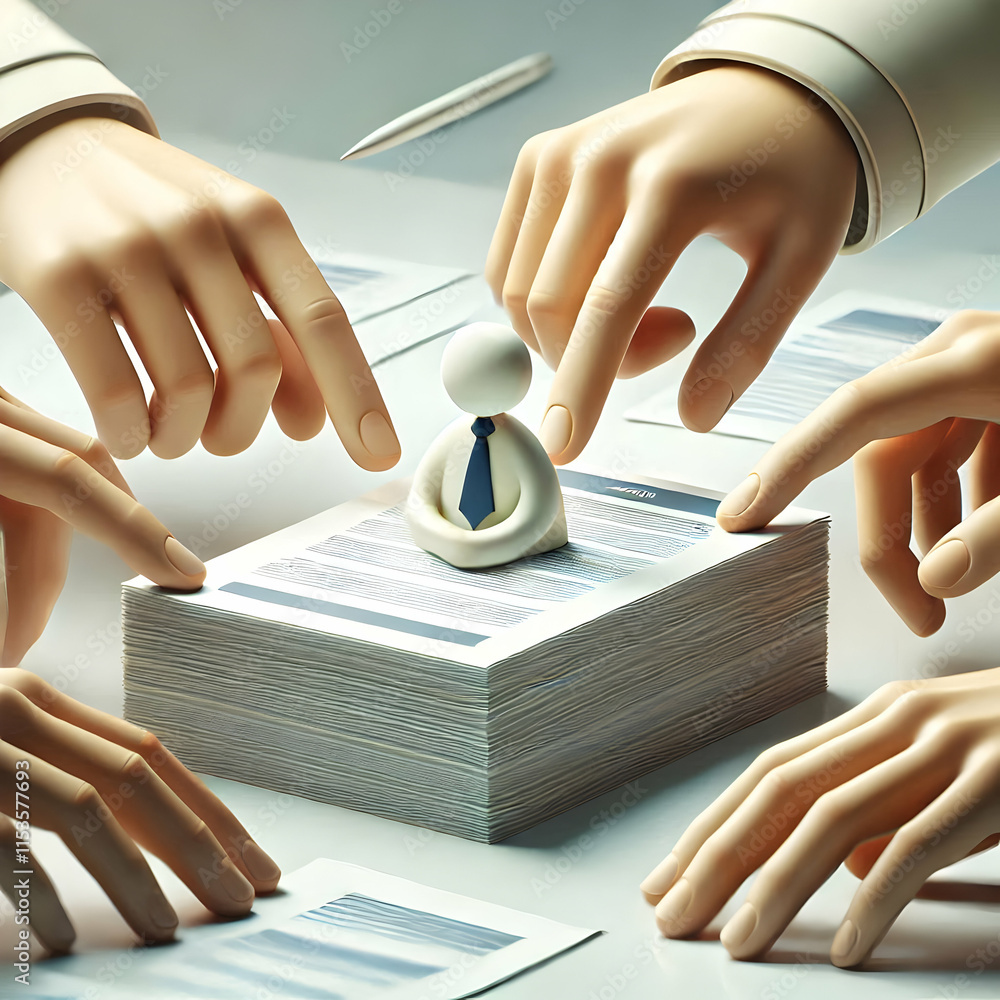 Poster 3d close-up hands aligning stack of papers on desk for team project collaboration precision