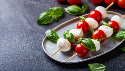 caprese skewers on a platter with mozzarella tomatoes and basil