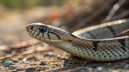 Fototapeta premium Queen Snake Skin Closeup: Delicate Brown & Gray Scales with Dark Crossbands, Bokeh Background