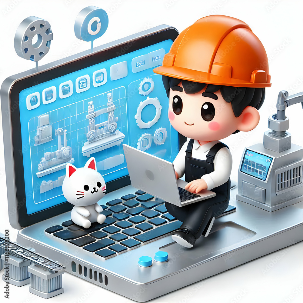 Poster 3d engineer operating factory machinery remotely via laptop - digital transformation concept with co