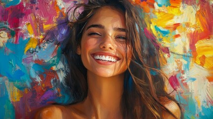 Fototapeta premium A Smiling Woman Amidst Vibrant Abstract Colors