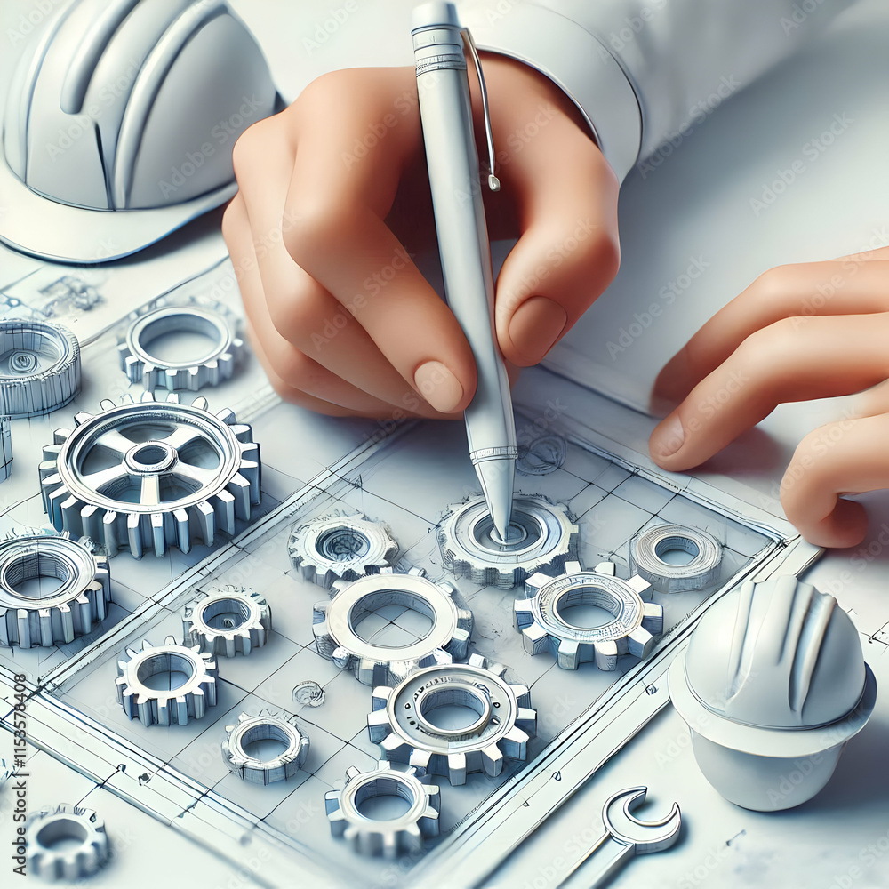 Poster 3d macro shot engineer sketching gear transparent screen with ample copy space for industrial design