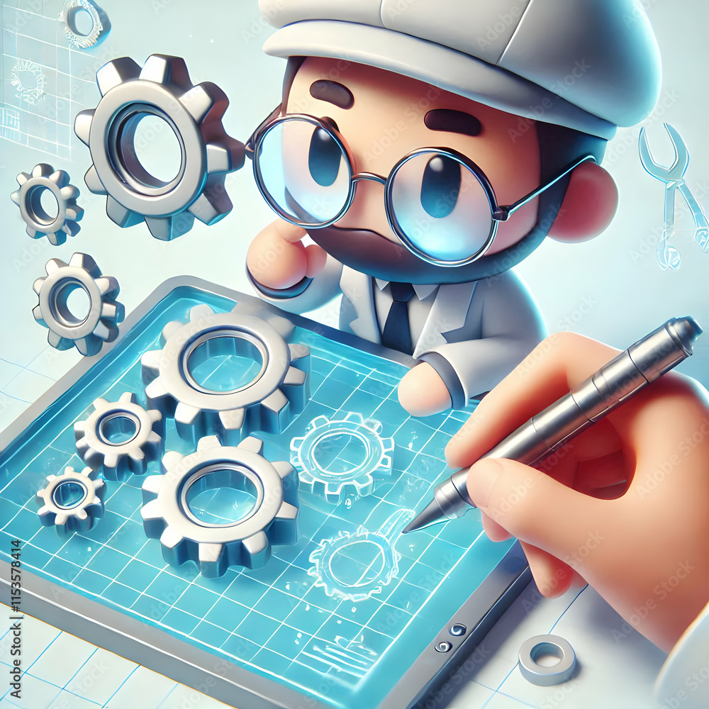 Poster 3d macro of engineer hand sketching gear on transparent screen, symbolizing creativity in industrial