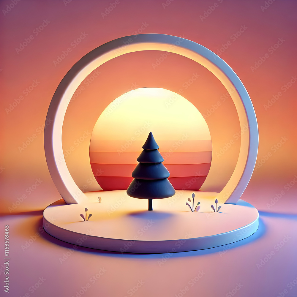 Poster 3d gradient sunset background with silhouetted tree symbolizing realization and epiphany for ads and