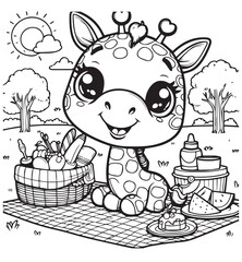 Coloring book cute giraffe picnic happy