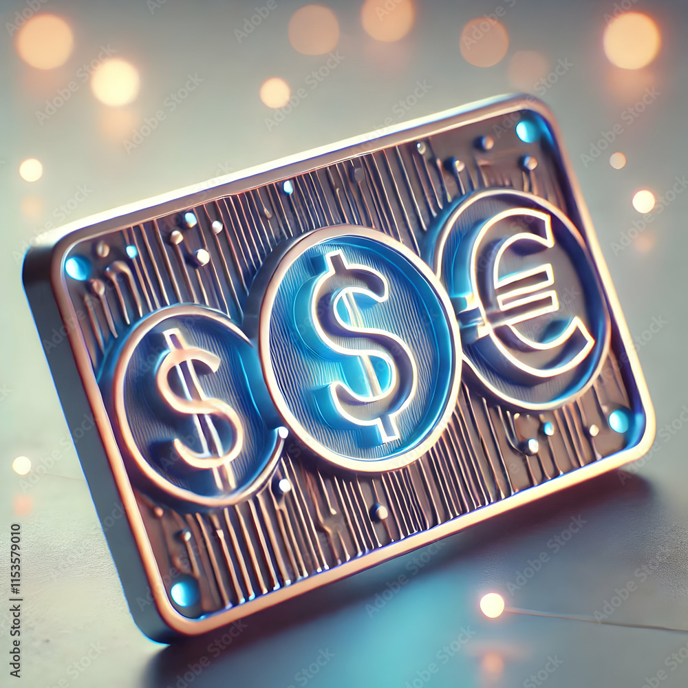 Poster 3d macro business card glowing currency symbols bokeh background finance networking advertising copy