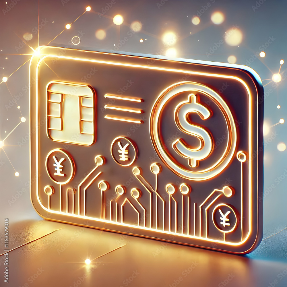 Poster 3d macro glowing business card with currency symbols and copy space for financial networking