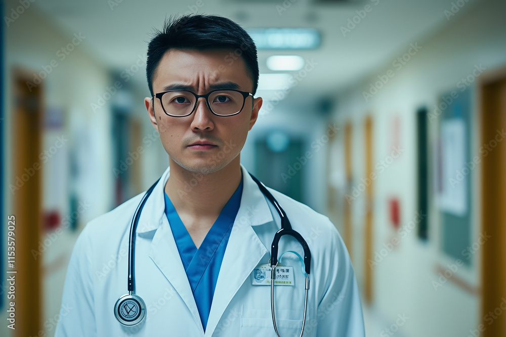Poster man in a white lab coat with a stethoscope around his neck. he is looking at the camera with a serio