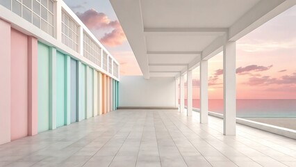 Obraz premium Modern Coastal Architecture with Pastel Accents and Ocean View
