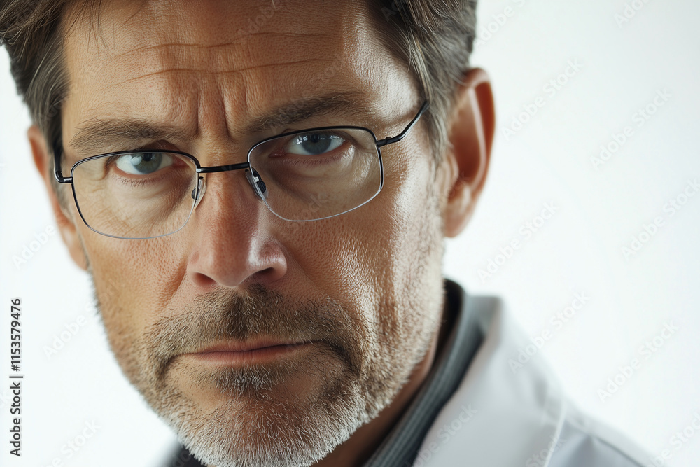 Poster man with glasses is wearing a white lab coat and has a serious expression on his face. he is a docto