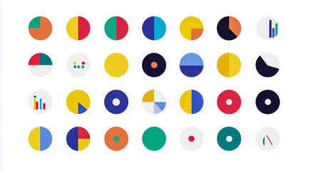 A set of flat vector icons representing pie charts, bar graphs, and data visualizations in a minimalist style with a white background.