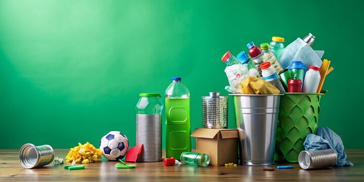 Recycle Bin Overflowing with Plastic Bottles, Cans & Paper on Green Background - Eco-Friendly Recycling Stock Photo