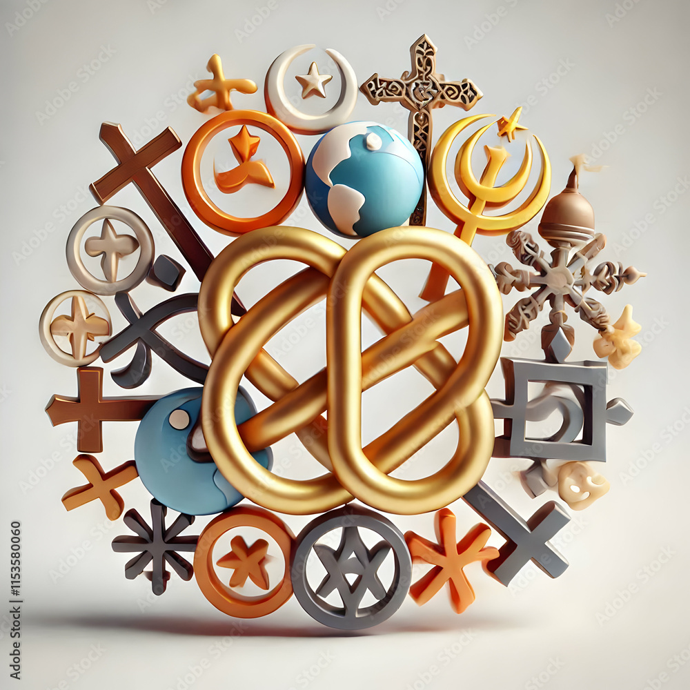 Aufkleber 3d macro religious symbols diversity concept as macro close up of intertwined religious symbols show