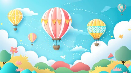 A cartoon illustration of hot air balloons flying in a blue sky with clouds.